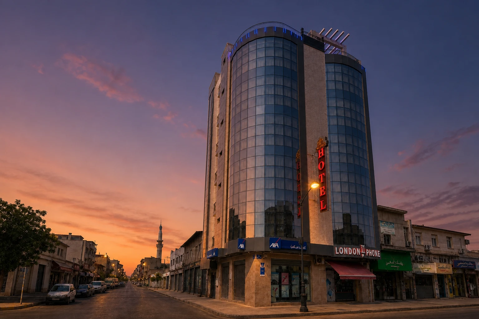 Hôtel Elchark exterior at sundown